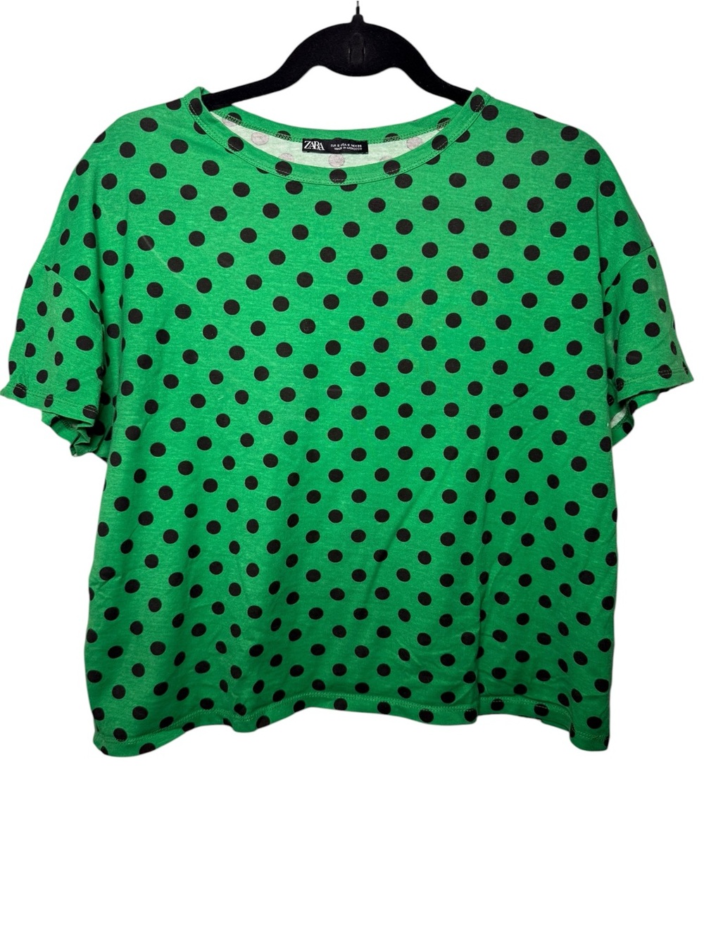 Zara Green Black Polka Dot Short Sleeve Tee Top Size Small Relaxed Fit